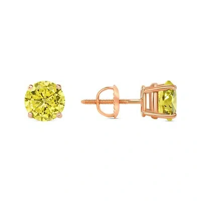 Pre-owned Shine Brite With A Diamond 2.25 Ct Round Cut Canary Earrings Studs Solid 14k Rose Gold Screw Back Basket In White/colorless
