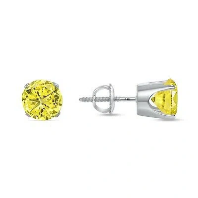 Pre-owned Shine Brite With A Diamond 2.25 Ct Round Canary Earrings Crown Set Studs Solid 14k White Gold Screw Back