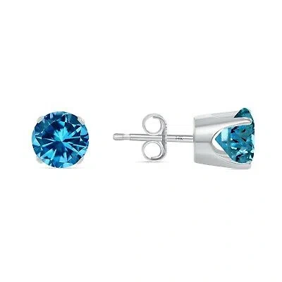 Pre-owned Shine Brite With A Diamond 2.25 Ct Round Cut Blue Earrings Crown Set Studs Solid 14k White Gold Push Back