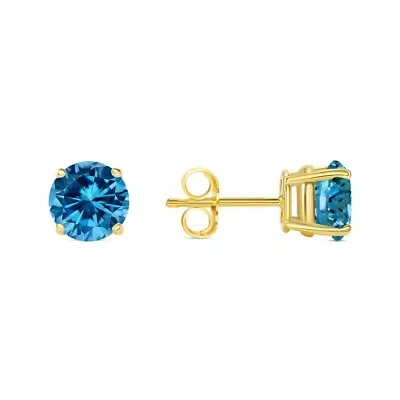 Pre-owned Shine Brite With A Diamond 2.25 Ct Round Cut Blue Earrings Studs Solid 18k Yellow Gold Push Back Basket