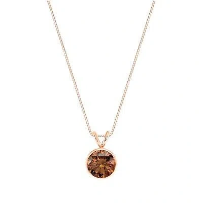 Pre-owned Shine Brite With A Diamond 2.25 Ct Round Cut Brown Solid Real 14k Rose Gold Bezel Pendant 18" Necklace In Pink