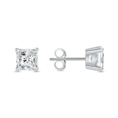 Pre-owned Shine Brite With A Diamond 2.5 Ct Princess Cut Earrings Studs Real Solid 14k White Gold Push Back Basket In White/colorless
