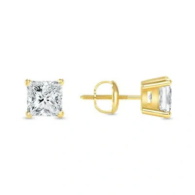 Pre-owned Shine Brite With A Diamond 2.5 Ct Princess Cut Earrings Studs Real Solid 14k Yellow Gold Screw Back Basket In White/colorless