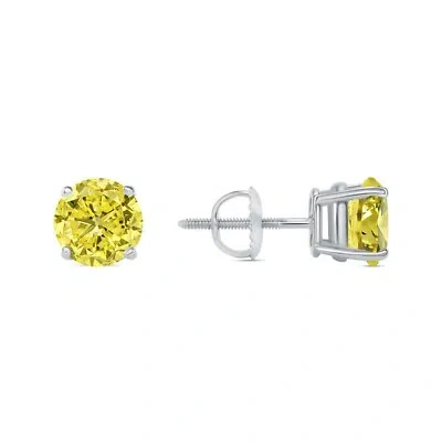Pre-owned Shine Brite With A Diamond 2.5 Ct Round Cut Canary Earrings Studs Solid Real 950 Platinum Screw Back Basket In White