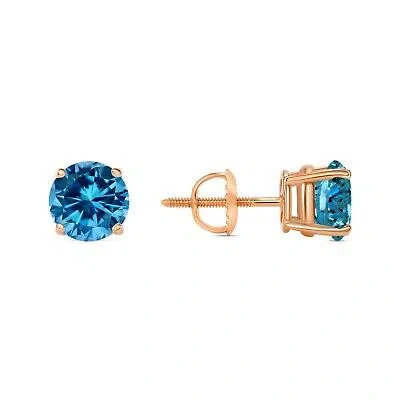Pre-owned Shine Brite With A Diamond 2.50 Ct Round Cut Blue Earrings Studs Solid 14k Rose Gold Screw Back Basket In Pink