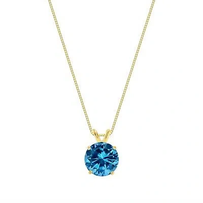 Pre-owned Shine Brite With A Diamond 2.50 Ct Round Cut Blue Solid 14k Yellow Gold Solitaire Pendant 18" Necklace