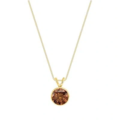 Pre-owned Shine Brite With A Diamond 2.50 Ct Round Cut Brown Solid Real 14k Yellow Gold Bezel Pendant 18" Necklace