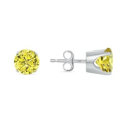 Pre-owned Shine Brite With A Diamond 2.50 Ct Round Cut Canary Earrings Crown Set Studs Solid 14k White Gold Push Back