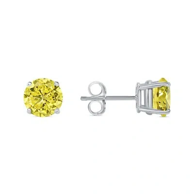 Pre-owned Shine Brite With A Diamond 2.50 Ct Round Cut Canary Earrings Studs Solid 18k White Gold Push Back Basket