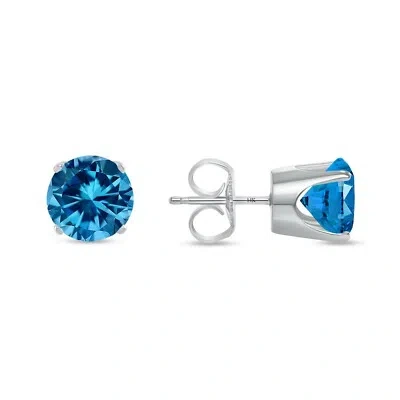 Pre-owned Shine Brite With A Diamond 2.75 Ct Round Cut Blue Earrings Crown Set Studs Solid 14k White Gold Push Back