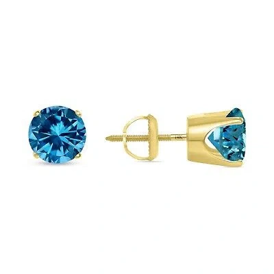Pre-owned Shine Brite With A Diamond 2.75 Ct Round Cut Blue Earrings Crown Set Studs Solid 14k Yellow Gold Screw Back