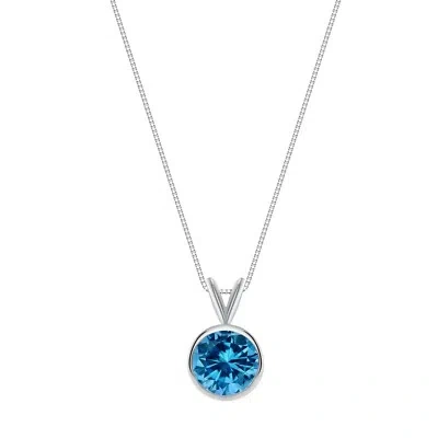 Pre-owned Shine Brite With A Diamond 2.75 Ct Round Cut Blue Solid 14k White Gold Solitaire Bezel Pendant 18" Necklace