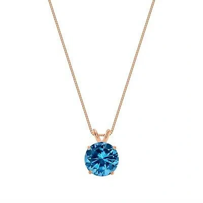 Pre-owned Shine Brite With A Diamond 2.75 Ct Round Cut Blue Solid Real 14k Rose Gold Solitaire Pendant 18" Necklace In Pink