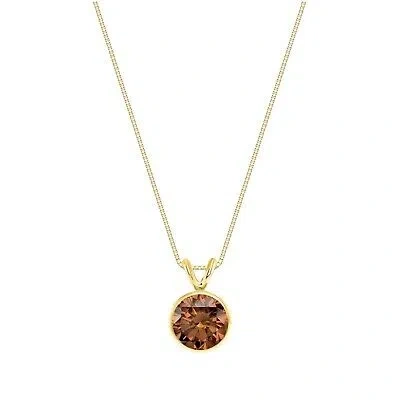 Pre-owned Shine Brite With A Diamond 2.75 Ct Round Cut Brown Solid Real 18k Yellow Gold Bezel Pendant 18" Necklace