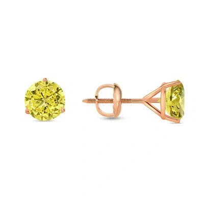 Pre-owned Shine Brite With A Diamond 2.75 Ct Round Cut Canary Earrings Studs Solid 14k Rose Gold Screw Back Martini In White/colorless