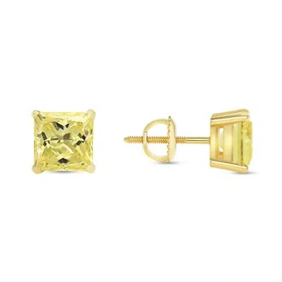 Pre-owned Shine Brite With A Diamond 3 Ct Princess Cut Canary Earrings Studs Solid 14k Yellow Gold Screw Back Basket