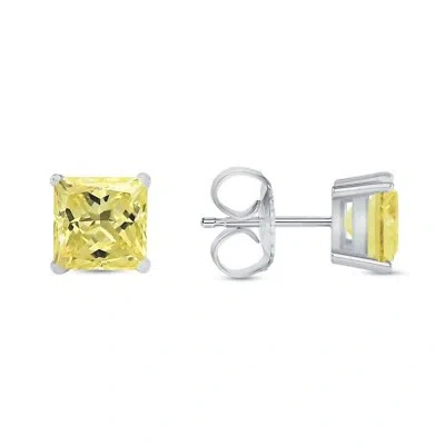Pre-owned Shine Brite With A Diamond 3 Ct Princess Cut Canary Earrings Studs Solid 18k White Gold Push Back Basket
