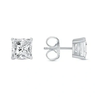 Pre-owned Shine Brite With A Diamond 3 Ct Princess Cut Earrings Studs Real Solid 14k White Gold Push Back Basket In White/colorless