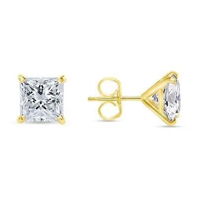 Pre-owned Shine Brite With A Diamond 3 Ct Princess Cut Earrings Studs Real Solid 14k Yellow Gold Push Back Martini In White/colorless