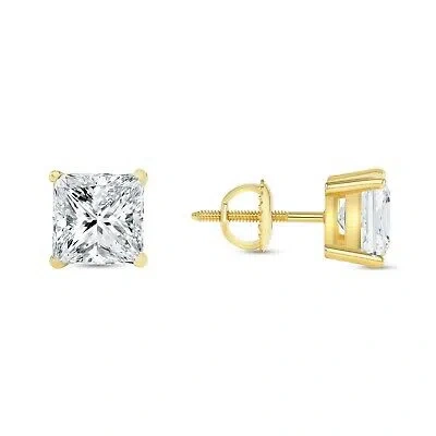 Pre-owned Shine Brite With A Diamond 3 Ct Princess Cut Earrings Studs Real Solid 18k Yellow Gold Screw Back Basket In White/colorless