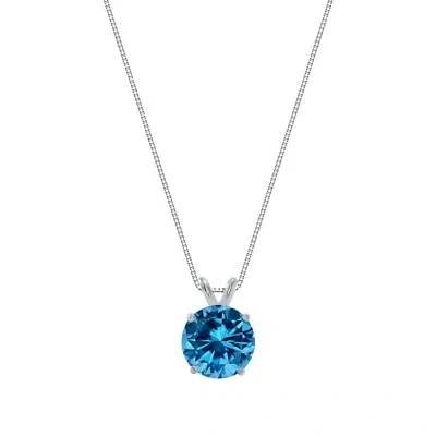 Pre-owned Shine Brite With A Diamond 3 Ct Round 14k White Gold Blue Simulated Diamond Solitaire Pendant Necklace 18"