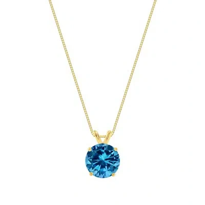 Pre-owned Shine Brite With A Diamond 3 Ct Round 14k Yellow Gold Blue Created Diamond Solitaire Pendant Necklace 18"