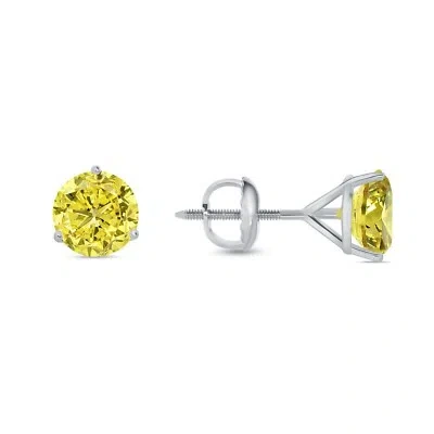 Pre-owned Shine Brite With A Diamond 3 Ct Round Canary Earrings Studs Solid Real 14k White Gold Screw Back Martini