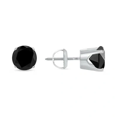 Pre-owned Shine Brite With A Diamond 3 Ct Round Cut Black Earrings Crown Set Studs Solid 14k White Gold Screw Back In White/colorless