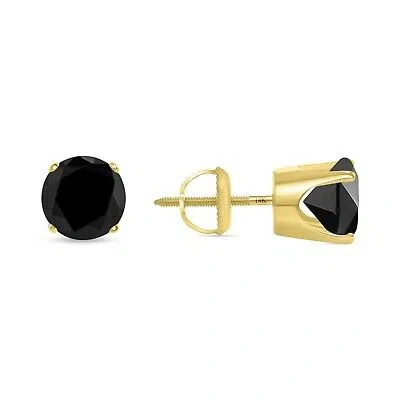 Pre-owned Shine Brite With A Diamond 3 Ct Round Cut Black Earrings Crown Set Studs Solid 14k Yellow Gold Screw Back In White/colorless