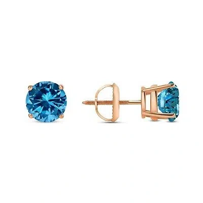 Pre-owned Shine Brite With A Diamond 3 Ct Round Cut Blue Earrings Studs Solid Real 14k Rose Gold Screw Back Basket In Pink