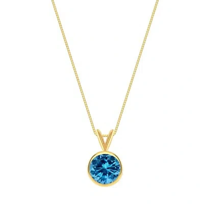 Pre-owned Shine Brite With A Diamond 3 Ct Round Cut Blue Solid 18k Yellow Gold Solitaire Bezel Pendant 18" Necklace