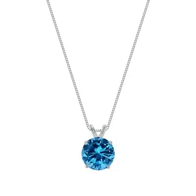 Pre-owned Shine Brite With A Diamond 3 Ct Round Cut Blue Solid Real 18k White Gold Solitaire Pendant 18" Necklace