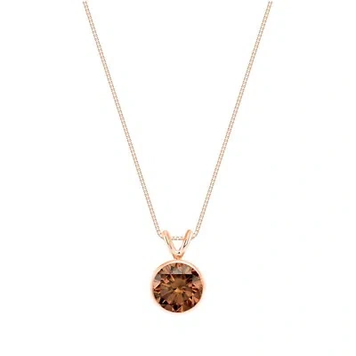 Pre-owned Shine Brite With A Diamond 3 Ct Round Cut Brown Solid 14k Rose Gold Solitaire Bezel Pendant 18" Necklace In Pink