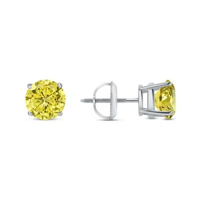 Pre-owned Shine Brite With A Diamond 3 Ct Round Cut Canary Earrings Studs Solid Real 950 Platinum Screw Back Basket In White