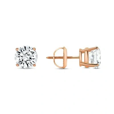 Pre-owned Shine Brite With A Diamond 3 Ct Round Real 14k Rose Gold Simulated Diamond Earrings Studs Basket Screw Back In White/colorless