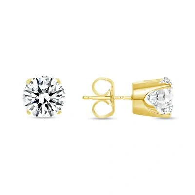 Pre-owned Shine Brite With A Diamond 3.00 Ct Round Cut Earrings Crown Set Studs Real Solid 14k Yellow Gold Push Back In White/colorless
