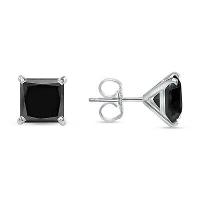 Pre-owned Shine Brite With A Diamond 3.5 Ct Princess Cut Black Earrings Studs Solid 14k White Gold Push Back Martini In White/colorless