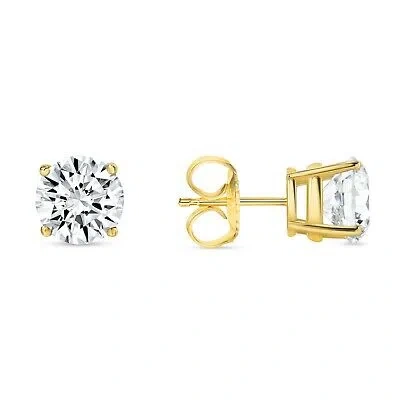 Pre-owned Shine Brite With A Diamond 3.5 Ct Round Cut Earrings Studs Solid Real 14k Yellow Gold Push Back Basket In White/colorless
