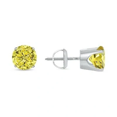 Pre-owned Shine Brite With A Diamond 3.50 Ct Round Canary Earrings Crown Set Studs Solid 14k White Gold Screw Back