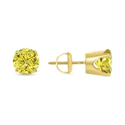 Pre-owned Shine Brite With A Diamond 3.50 Ct Round Canary Earrings Crown Set Studs Solid 14k Yellow Gold Screw Back