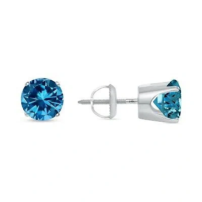 Pre-owned Shine Brite With A Diamond 3.50 Ct Round Cut Blue Earrings Crown Set Studs Solid 14k White Gold Screw Back