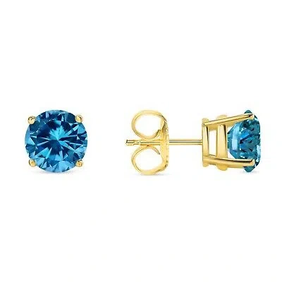 Pre-owned Shine Brite With A Diamond 3.50 Ct Round Cut Blue Earrings Studs Solid 14k Yellow Gold Push Back Basket