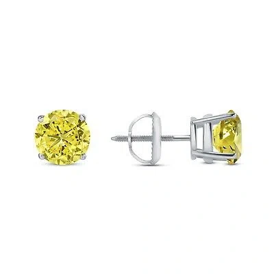 Pre-owned Shine Brite With A Diamond 3.50 Ct Round Cut Canary Earrings Studs Solid 18k White Gold Screw Back Basket