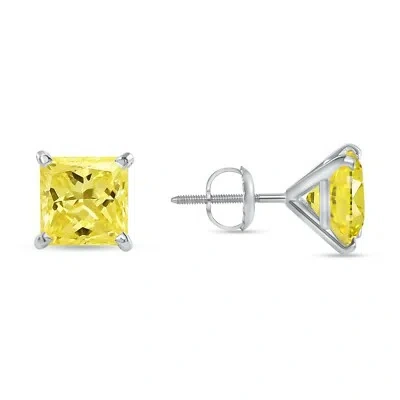 Pre-owned Shine Brite With A Diamond 4 Ct Princess Cut Canary Earrings Studs Solid 14k White Gold Screw Back Martini