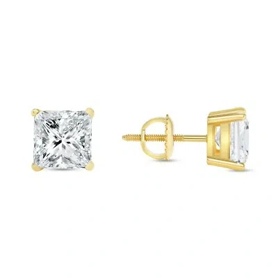 Pre-owned Shine Brite With A Diamond 4 Ct Princess Cut Real 14k Yellow Gold Simulate Diamond Earrings Studs Screwback In White/colorless