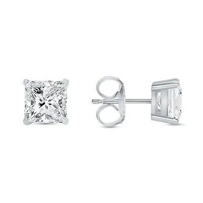 Pre-owned Shine Brite With A Diamond 4 Ct Princess Cut Earrings Studs Real Solid 14k White Gold Push Back Basket In White/colorless