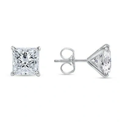 Pre-owned Shine Brite With A Diamond 4 Ct Princess Cut Earrings Studs Real Solid 14k White Gold Push Back Martini In White/colorless
