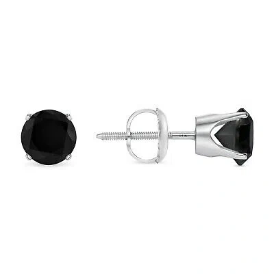 Pre-owned Shine Brite With A Diamond 4 Ct Round Cut Black Earrings Crown Set Studs Solid 14k White Gold Screw Back In White/colorless