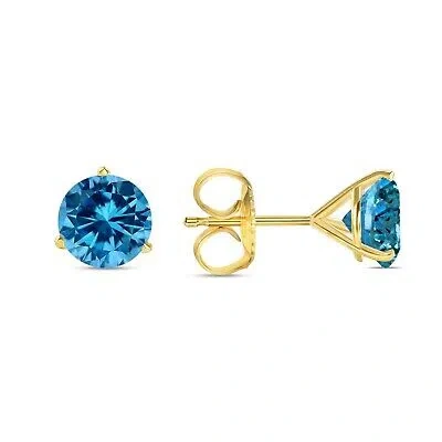 Pre-owned Shine Brite With A Diamond 4 Ct Round Cut Blue Earrings Studs Solid Real 18k Yellow Gold Push Back Martini