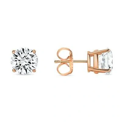 Pre-owned Shine Brite With A Diamond 4 Ct Round Earrings Studs Solid 14k Rose Gold Brilliant Cut Push Back Basket In White/colorless
